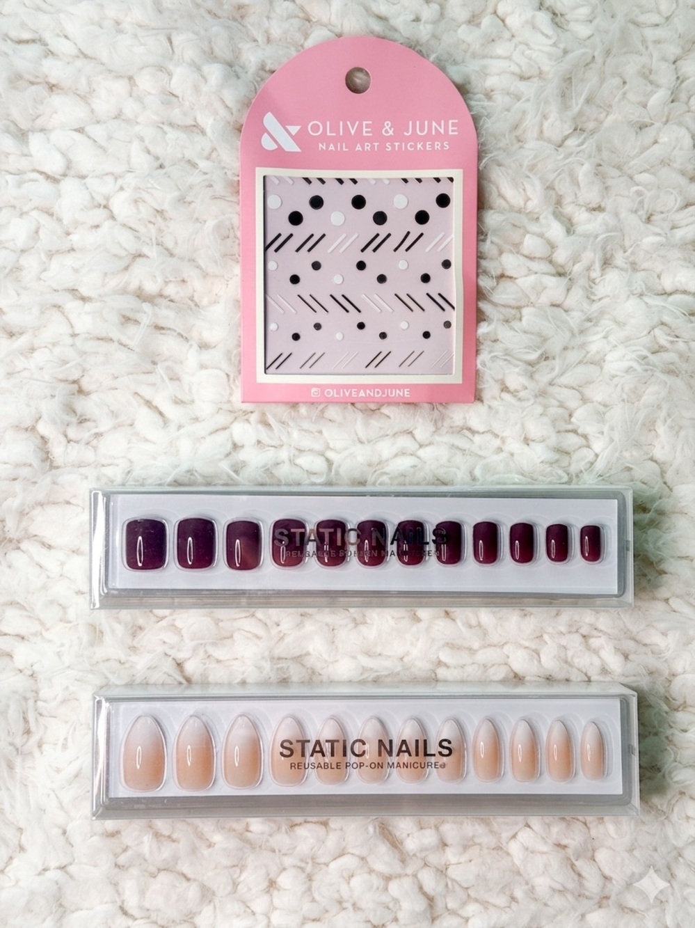 Static Nails Pop-On Manicure Bundle French Wine Square + Nude Almond + Stickers